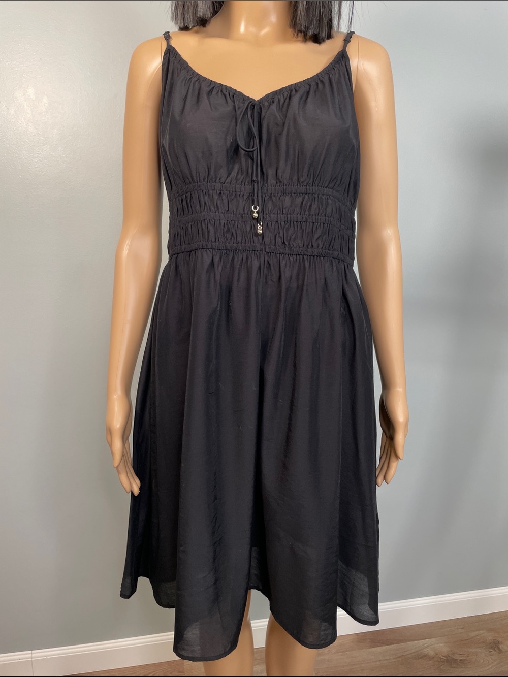 H&M Black Smocked Waist Tie-Front Midi Dress